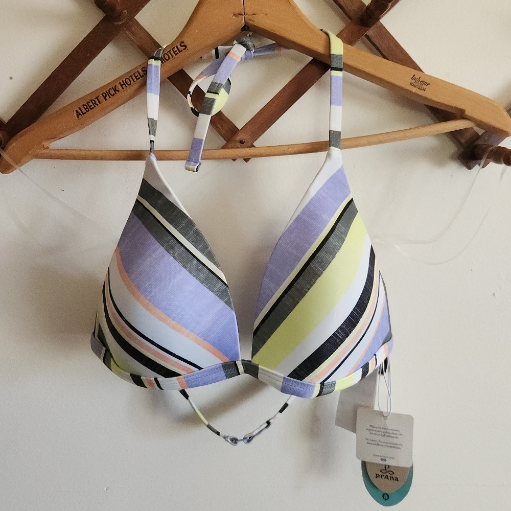 NWT Prana Lexie Triangle Bikini Top Adjustable Purple Stripe Small S Upf 50